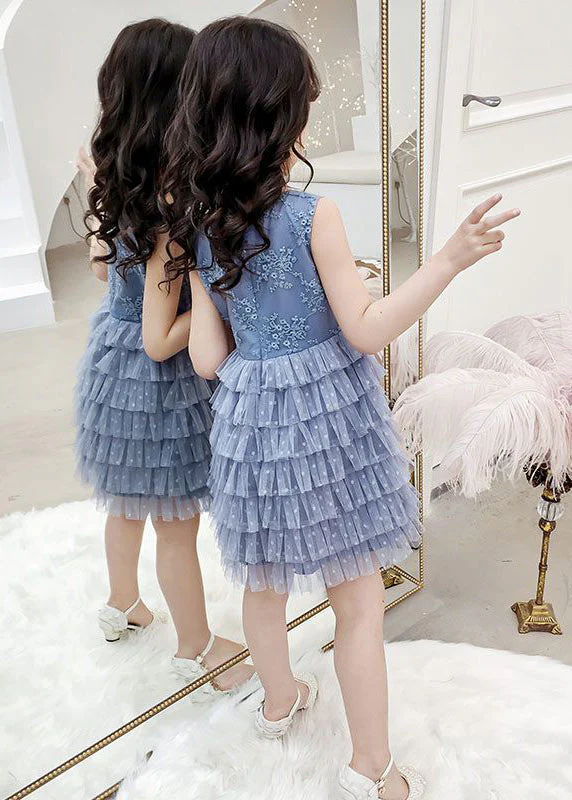 Fashion Blue O-Neck Embroideried Dot Patchwork Tulle Girls Party Mid Dress Sleeveless - Image 5