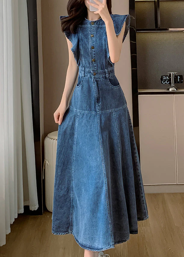 Fashion Blue O Neck Patchwork Denim Long Dress Butterfly Sleeve - Image 2