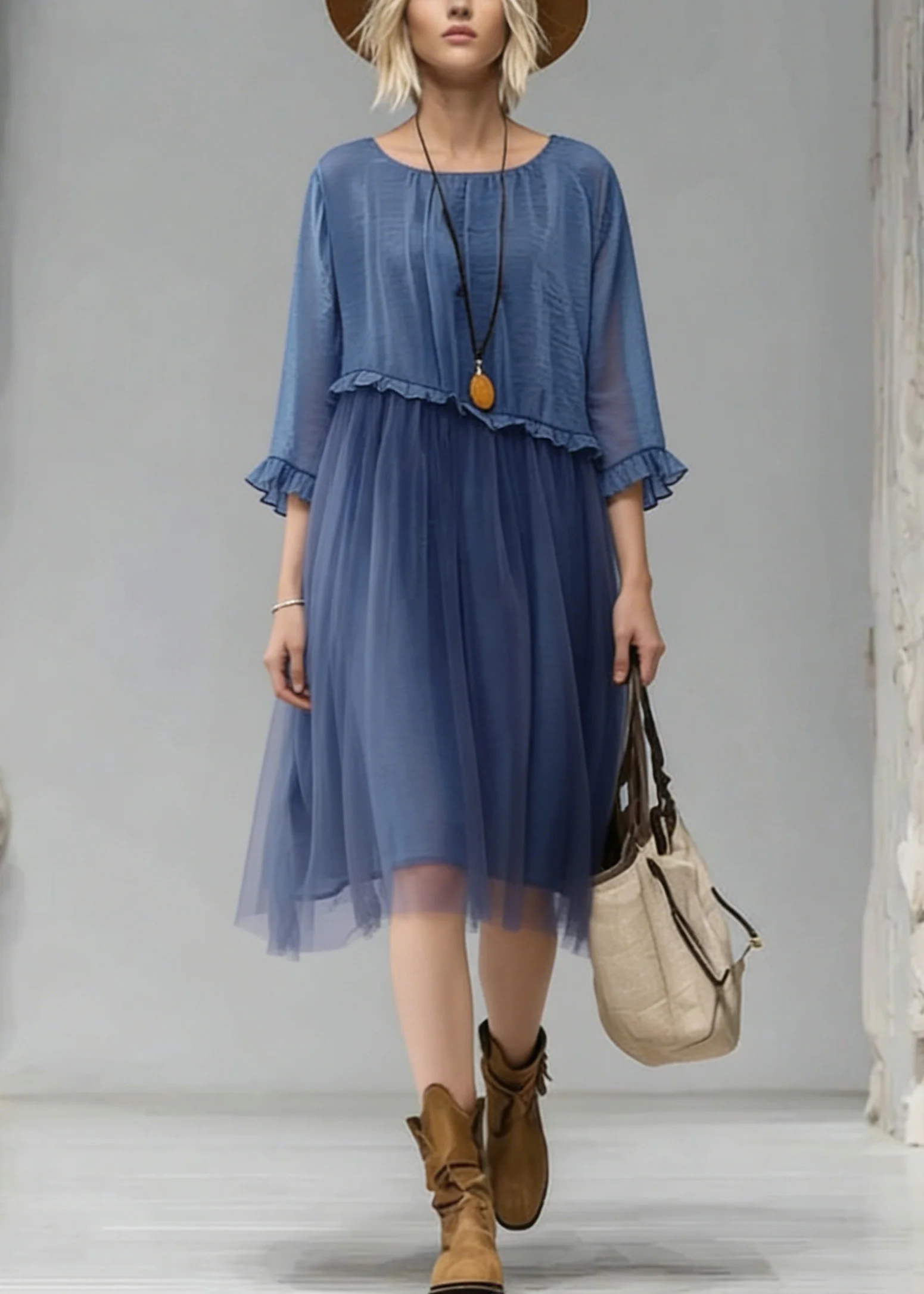 Fashion Blue O-Neck Ruffled Tulle Patchwork Chiffon Dress Summer - Image 3
