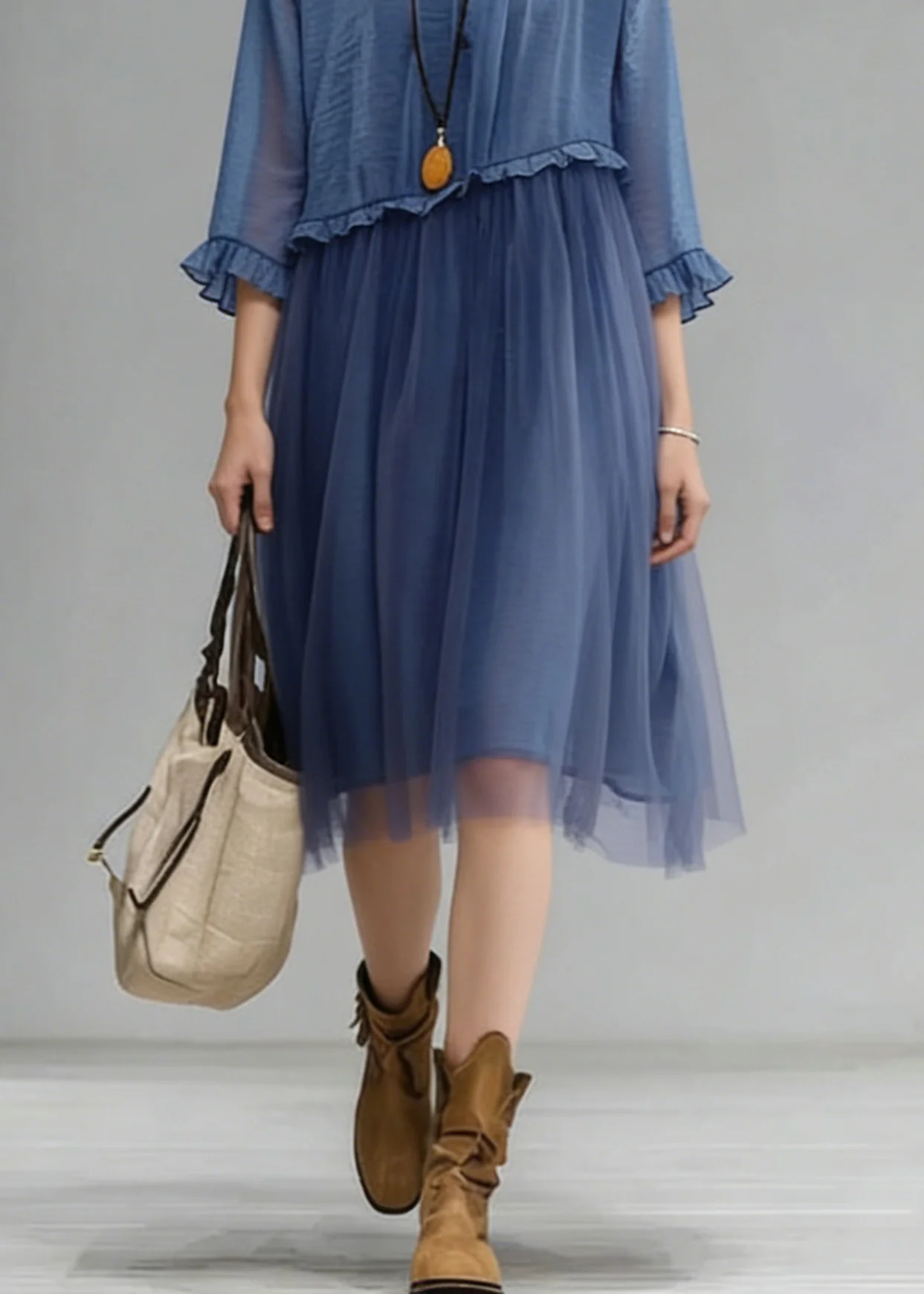 Fashion Blue O-Neck Ruffled Tulle Patchwork Chiffon Dress Summer - Image 4