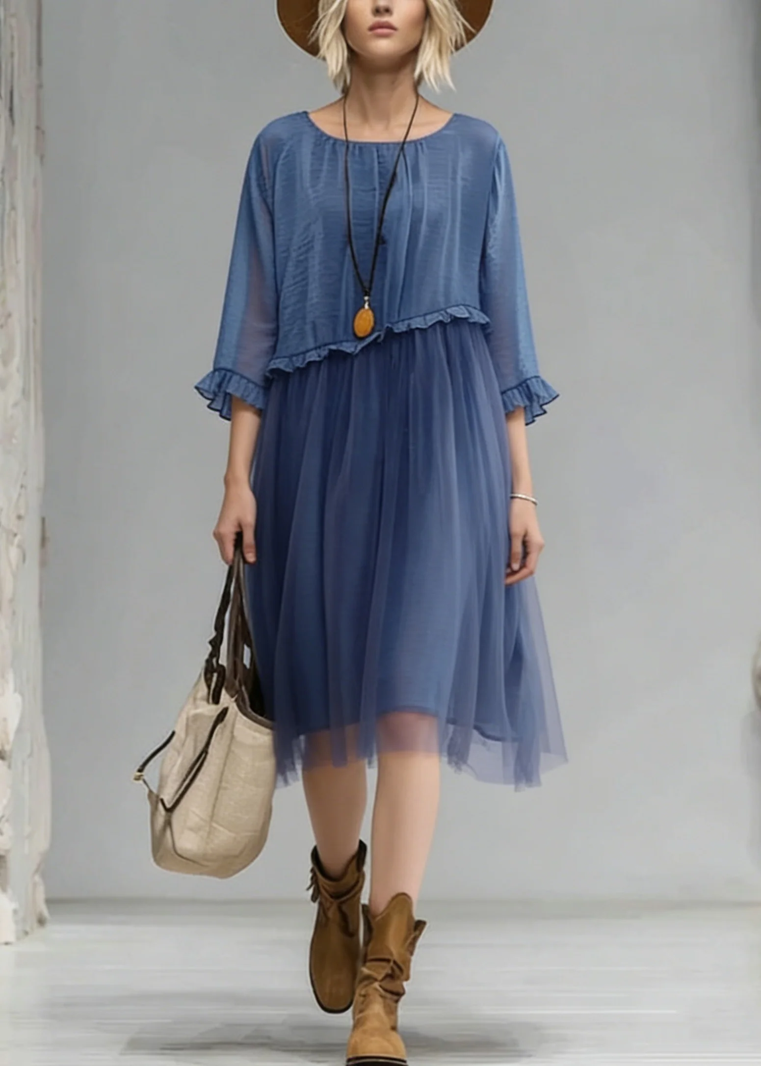 Fashion Blue O-Neck Ruffled Tulle Patchwork Chiffon Dress Summer - Image 5