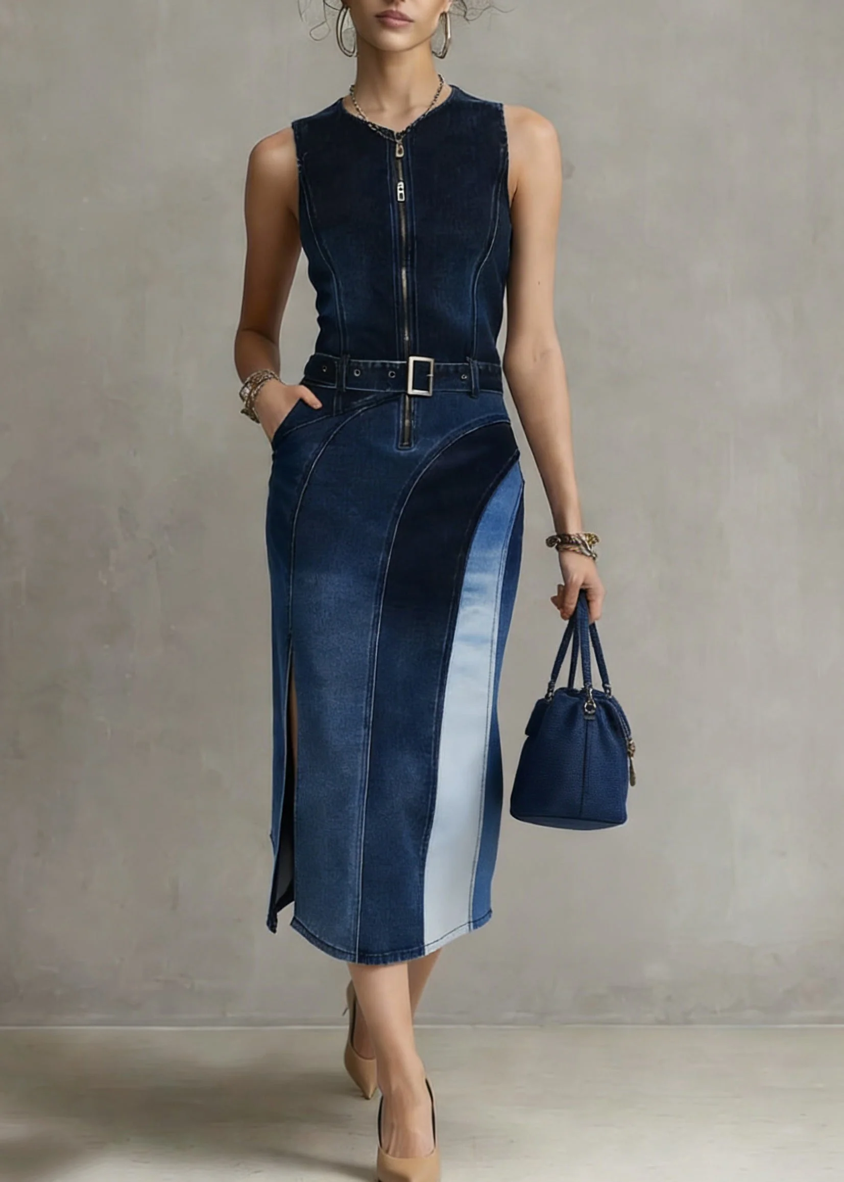 Fashion Blue Patchwork Sashes Side Open Vacation Denim Long Dresses - Image 3
