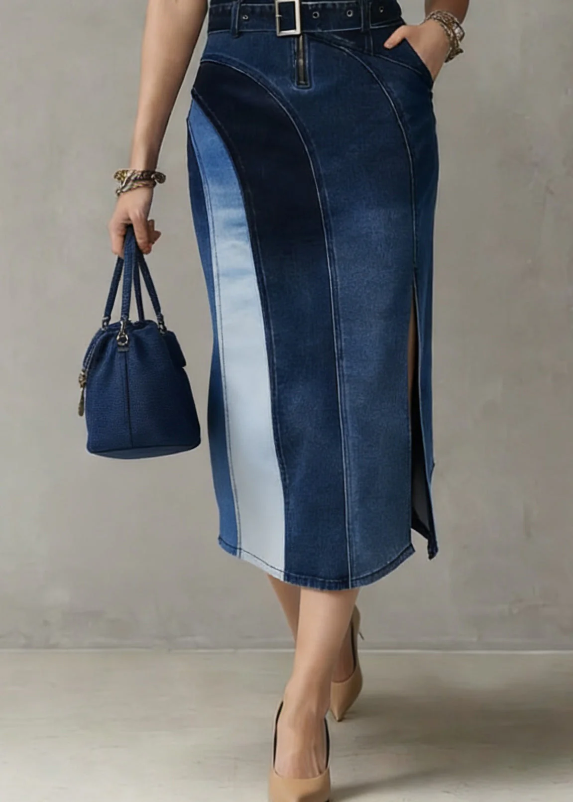 Fashion Blue Patchwork Sashes Side Open Vacation Denim Long Dresses - Image 4