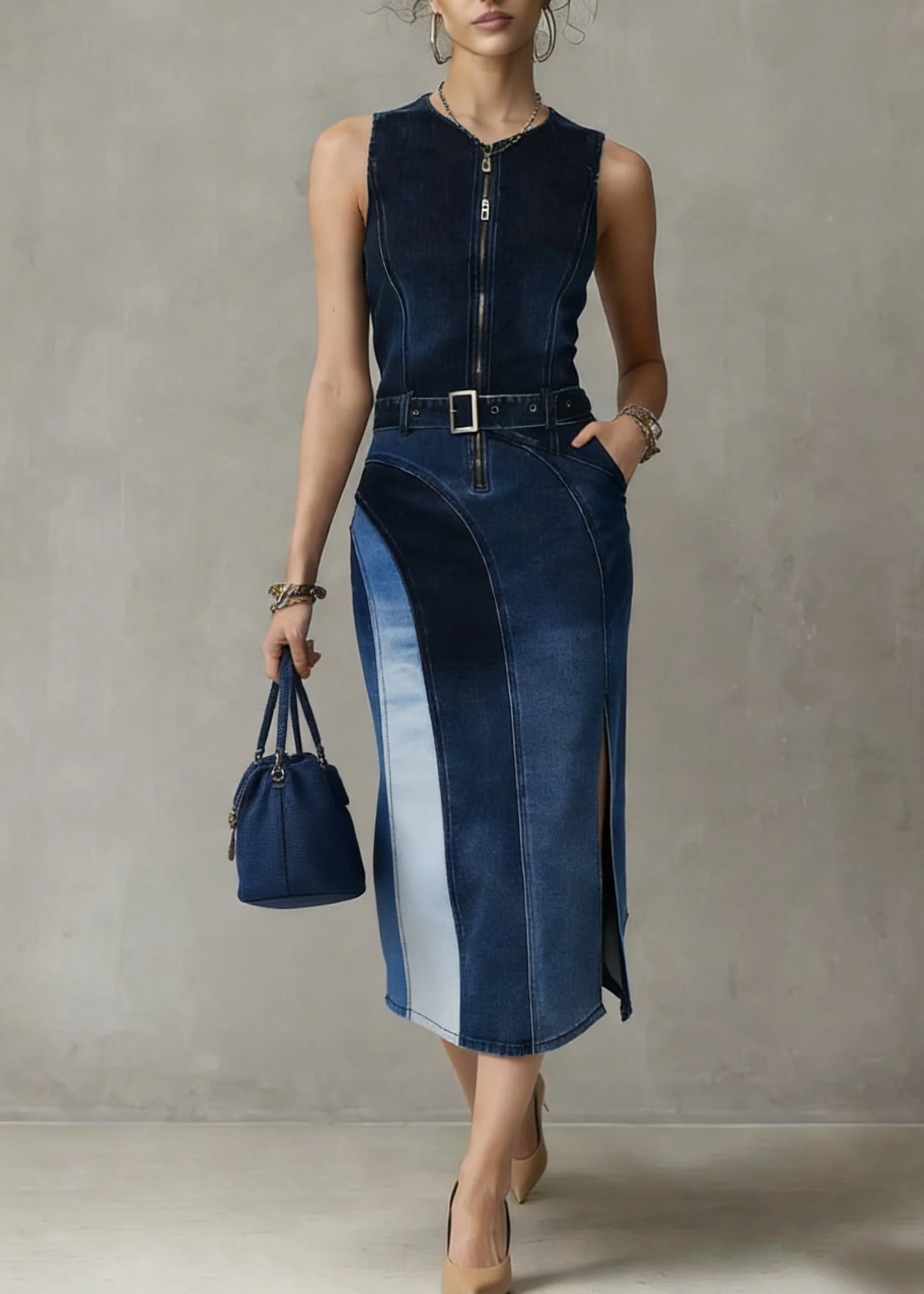 Fashion Blue Patchwork Sashes Side Open Vacation Denim Long Dresses - Image 5