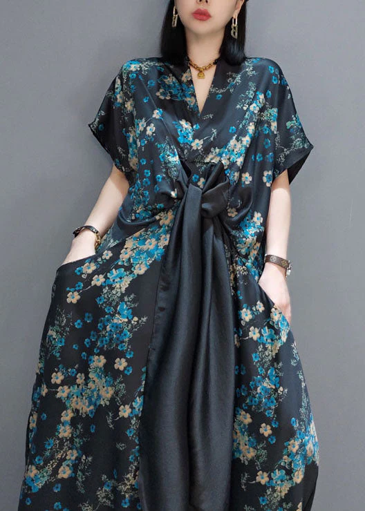 Fashion Blue Patchwork Silk Maxi Dresses Short Sleeve - Image 4