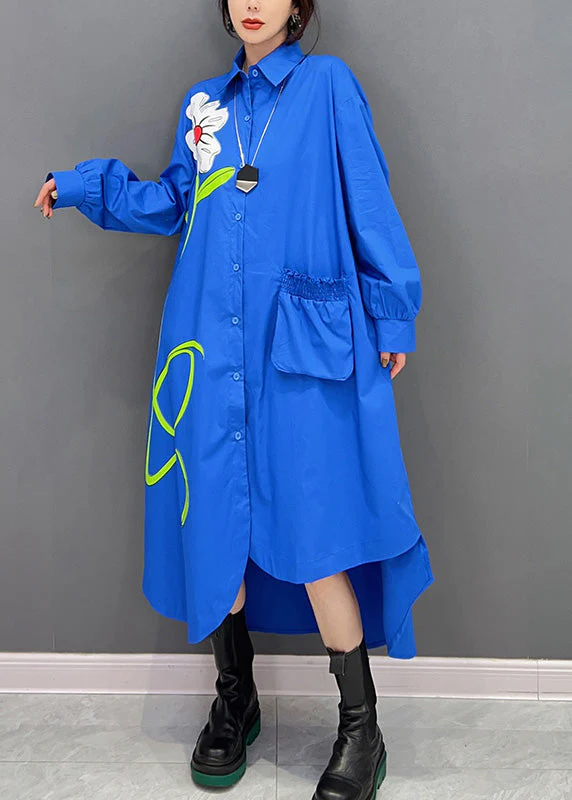 Fashion Blue Peter Pan Collar Asymmetrical Print Button Maxi Shirts Dress Long Sleeve - Image 2