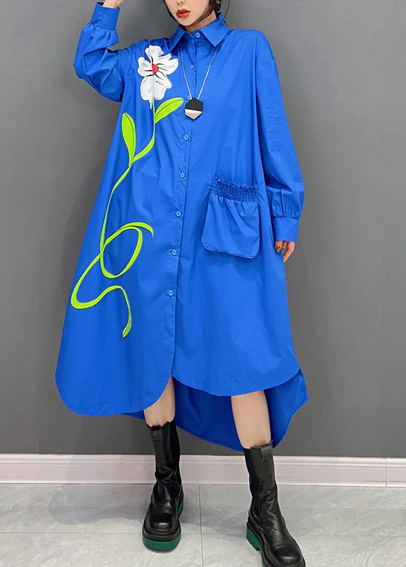 Fashion Blue Peter Pan Collar Asymmetrical Print Button Maxi Shirts Dress Long Sleeve - Image 3
