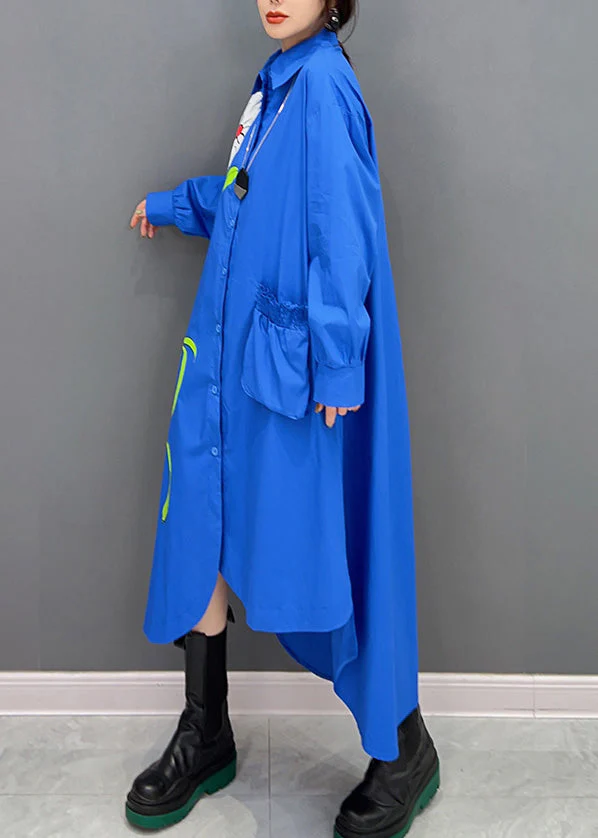 Fashion Blue Peter Pan Collar Asymmetrical Print Button Maxi Shirts Dress Long Sleeve - Image 4