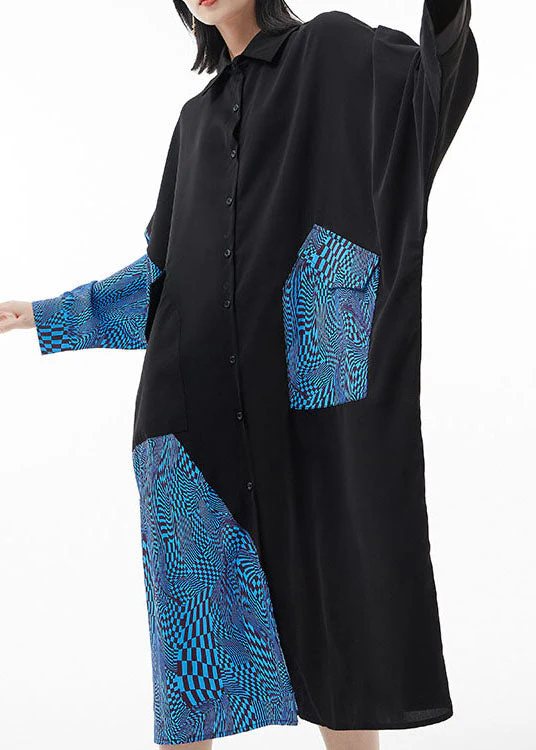 Fashion blue Peter Pan Collar Batwing Sleeve Patchwork Silk shirt Dresses - Image 3