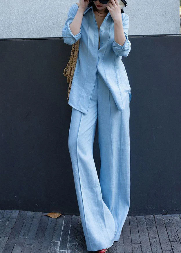 Fashion Blue Peter Pan Collar Linen Shirts And Wide Leg Pants Two Pieces Set Long Sleeve - Image 2