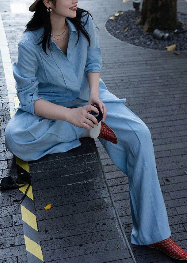 Fashion Blue Peter Pan Collar Linen Shirts And Wide Leg Pants Two Pieces Set Long Sleeve - Image 3
