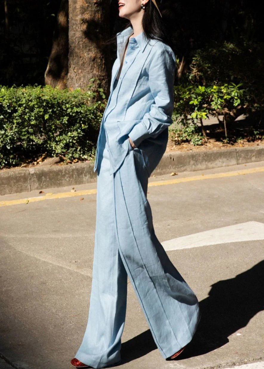 Fashion Blue Peter Pan Collar Linen Shirts And Wide Leg Pants Two Pieces Set Long Sleeve - Image 4