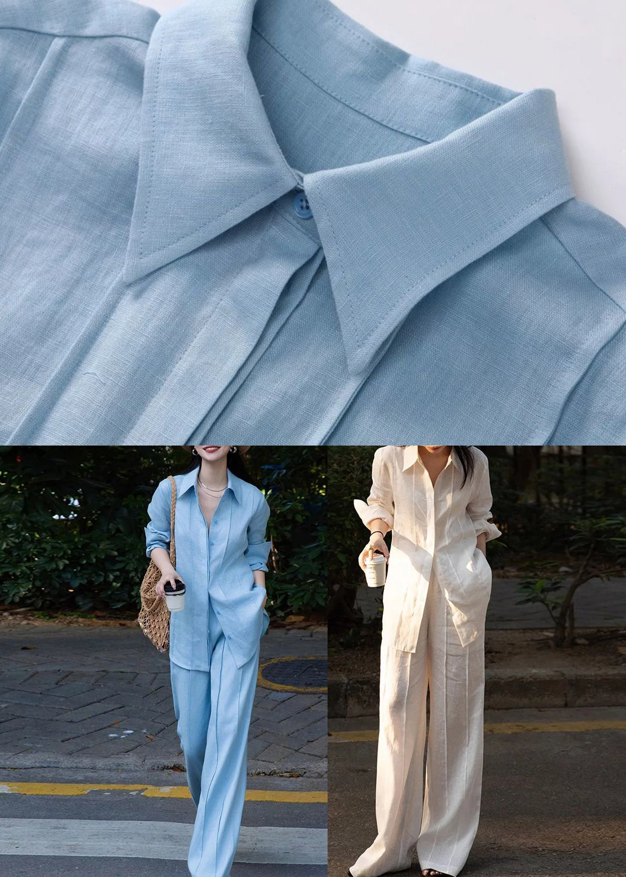 Fashion Blue Peter Pan Collar Linen Shirts And Wide Leg Pants Two Pieces Set Long Sleeve - Image 5