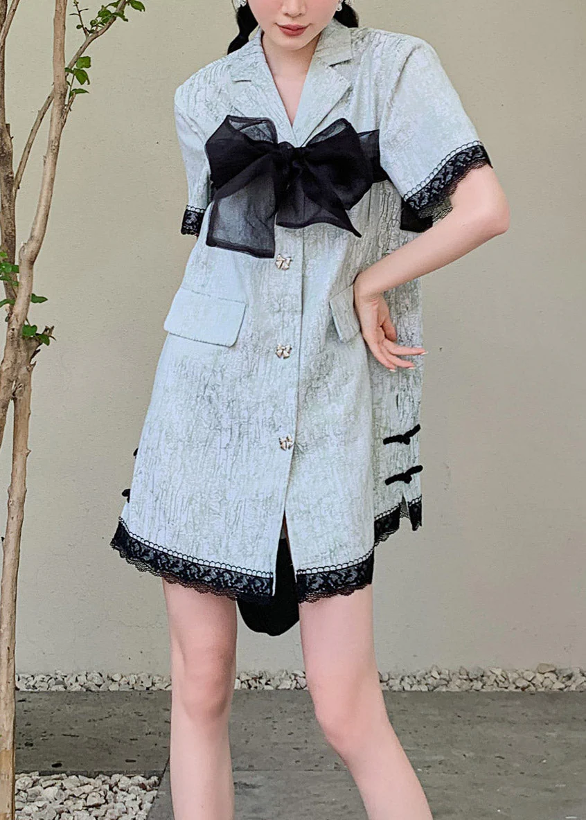 Fashion Blue Peter Pan Collar Organza Patchwork Button Mid Shirts Dresses Short Sleeve - Image 3