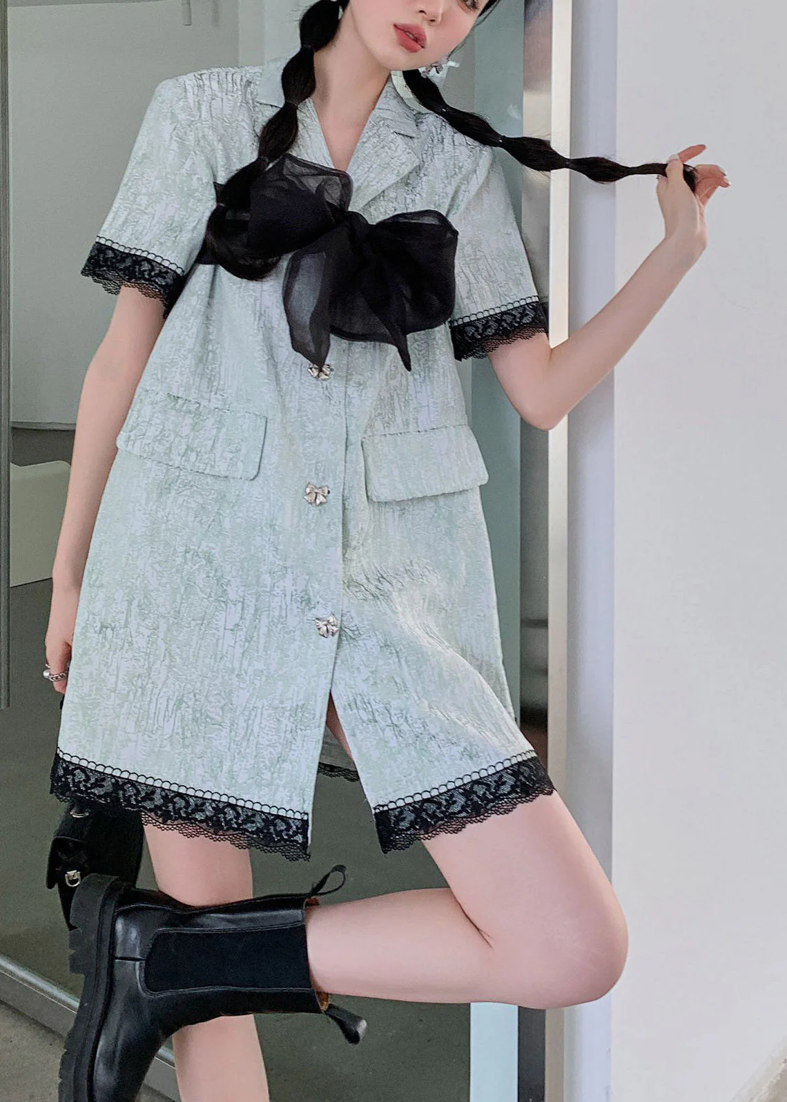 Fashion Blue Peter Pan Collar Organza Patchwork Button Mid Shirts Dresses Short Sleeve - Image 4