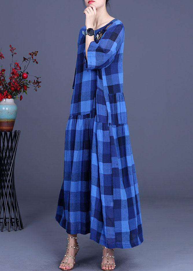 Fashion Blue Plaid Linen Embroideried Floral Summer Long Dress - Image 2