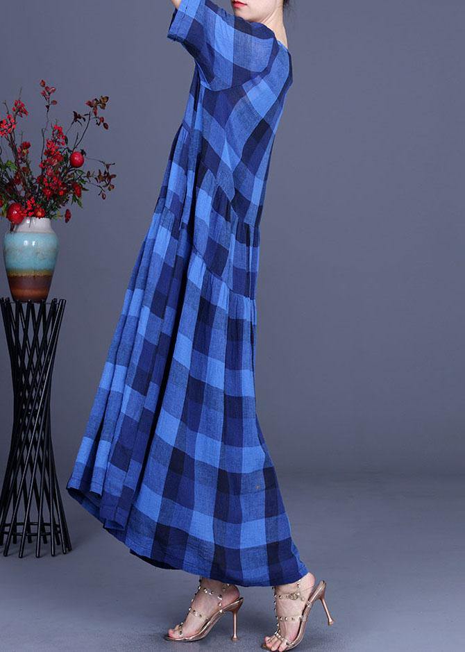 Fashion Blue Plaid Linen Embroideried Floral Summer Long Dress - Image 3