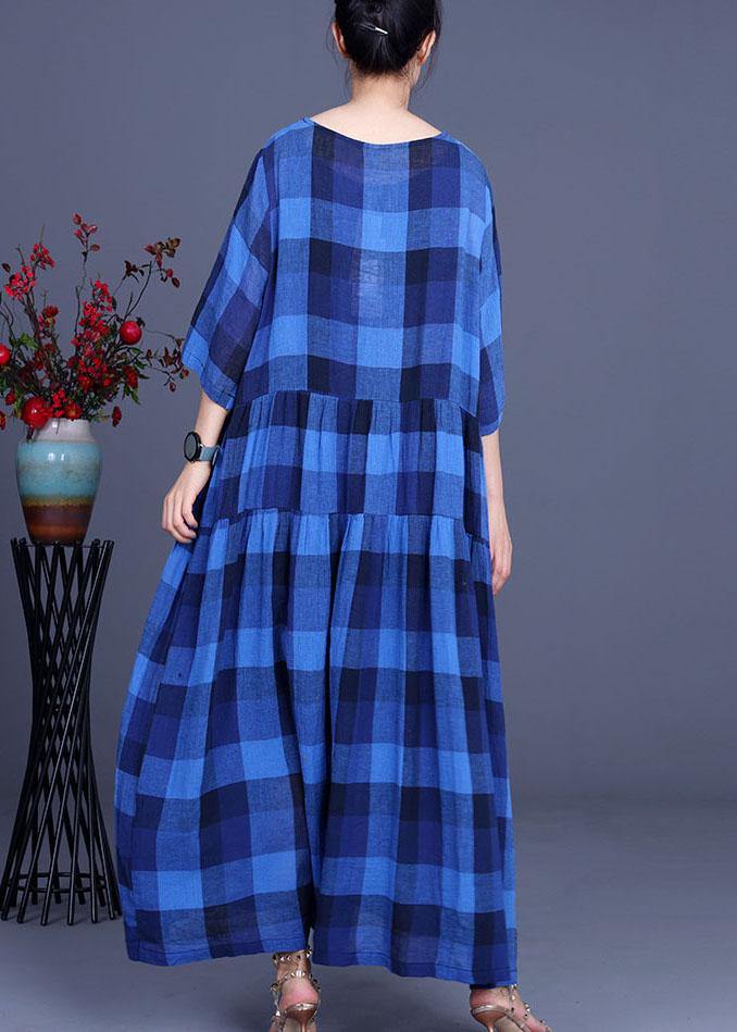 Fashion Blue Plaid Linen Embroideried Floral Summer Long Dress - Image 4