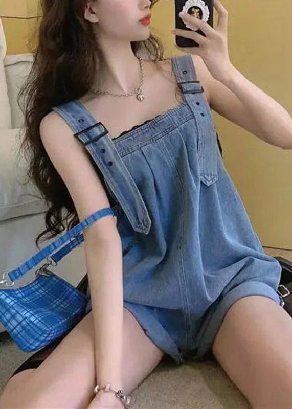 Fashion Blue Pockets Patchwork Denim Jumpsuits Summer - Image 3