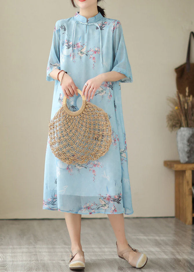 Fashion Blue Print Chiffon Long Dresses Summer - Image 2