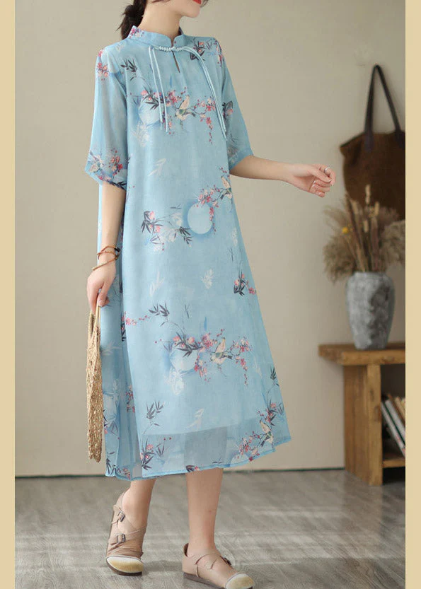 Fashion Blue Print Chiffon Long Dresses Summer - Image 3