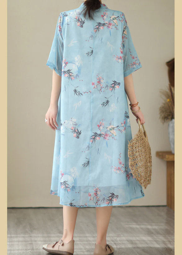Fashion Blue Print Chiffon Long Dresses Summer - Image 4