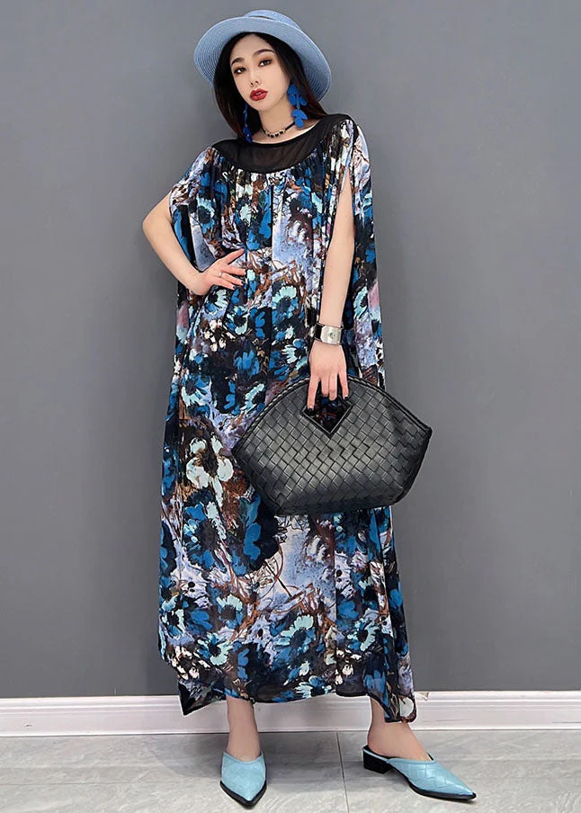 Fashion Blue Print Patchwork Draping Chiffon Long Dress Short Sleeve - Image 2