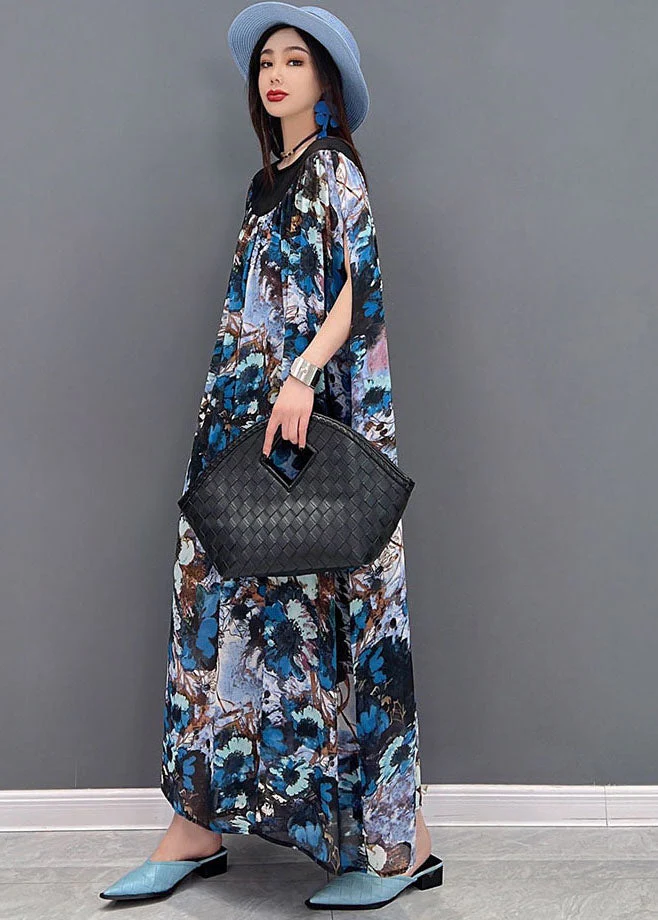 Fashion Blue Print Patchwork Draping Chiffon Long Dress Short Sleeve - Image 4
