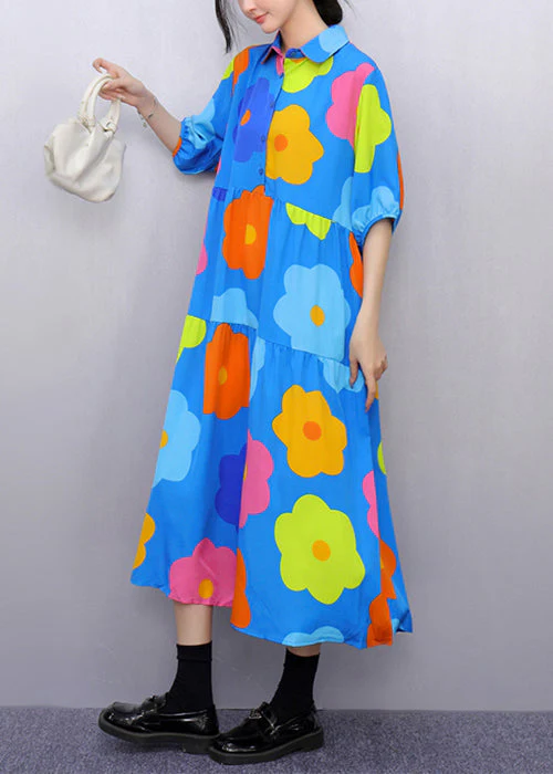 Fashion Blue Print Pockets Patchwork Cotton Blouses Dresses Half Sleeve - Image 3