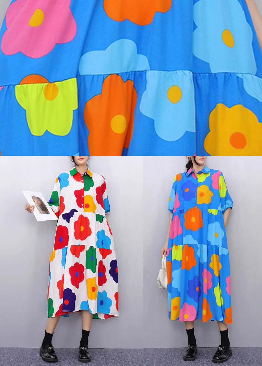 Fashion Blue Print Pockets Patchwork Cotton Blouses Dresses Half Sleeve - Image 5