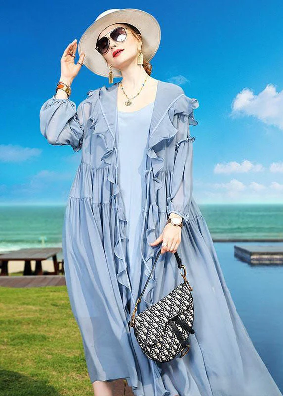 Fashion Blue Ruffled Asymmetrical Patchwork Silk Vacation Dresses Summer - Image 3