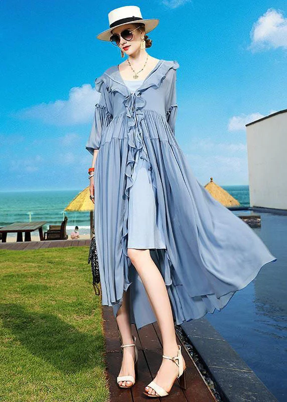 Fashion Blue Ruffled Asymmetrical Patchwork Silk Vacation Dresses Summer - Image 4