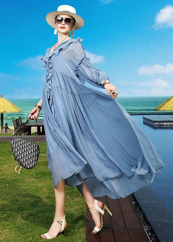Fashion Blue Ruffled Asymmetrical Patchwork Silk Vacation Dresses Summer - Image 5