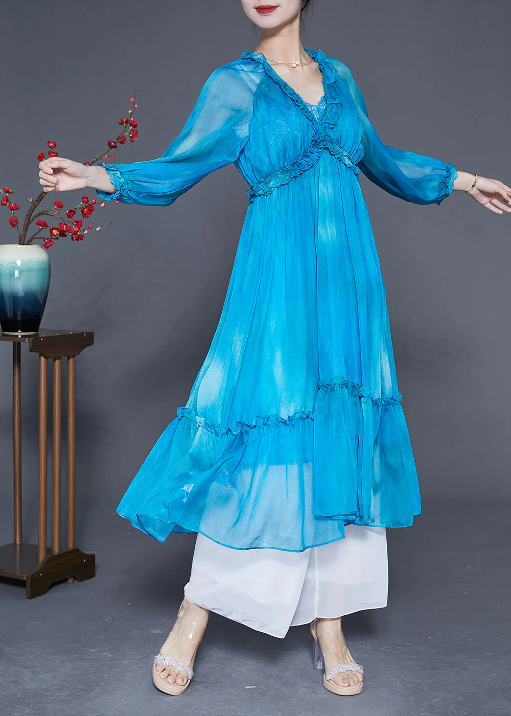 Fashion Blue Ruffled Exra Large Hem Silk Vacation Dresses Summer - Image 2