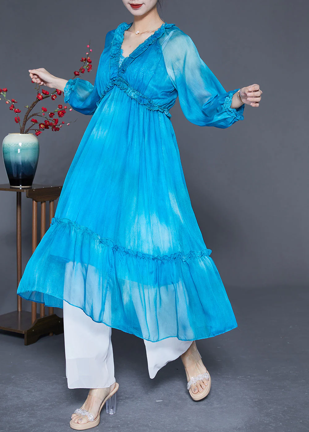 Fashion Blue Ruffled Exra Large Hem Silk Vacation Dresses Summer - Image 3