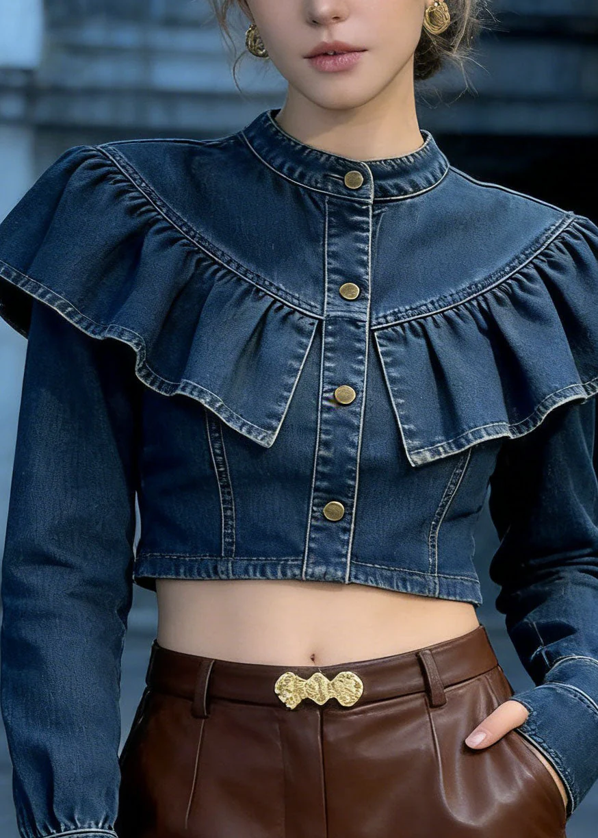 Fashion Blue Ruffled Patchwork Denim Short Top Spring - Image 2