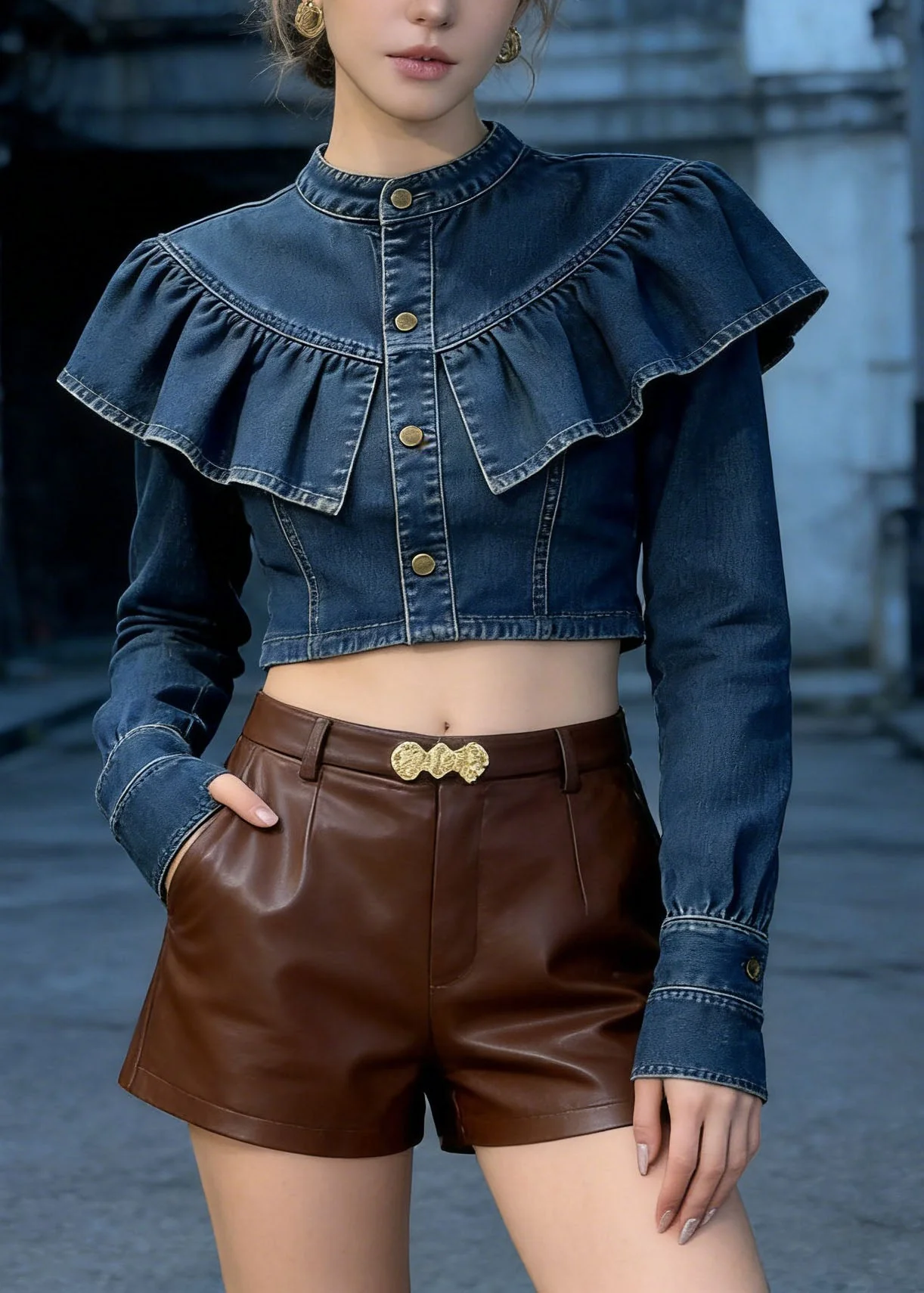 Fashion Blue Ruffled Patchwork Denim Short Top Spring - Image 3