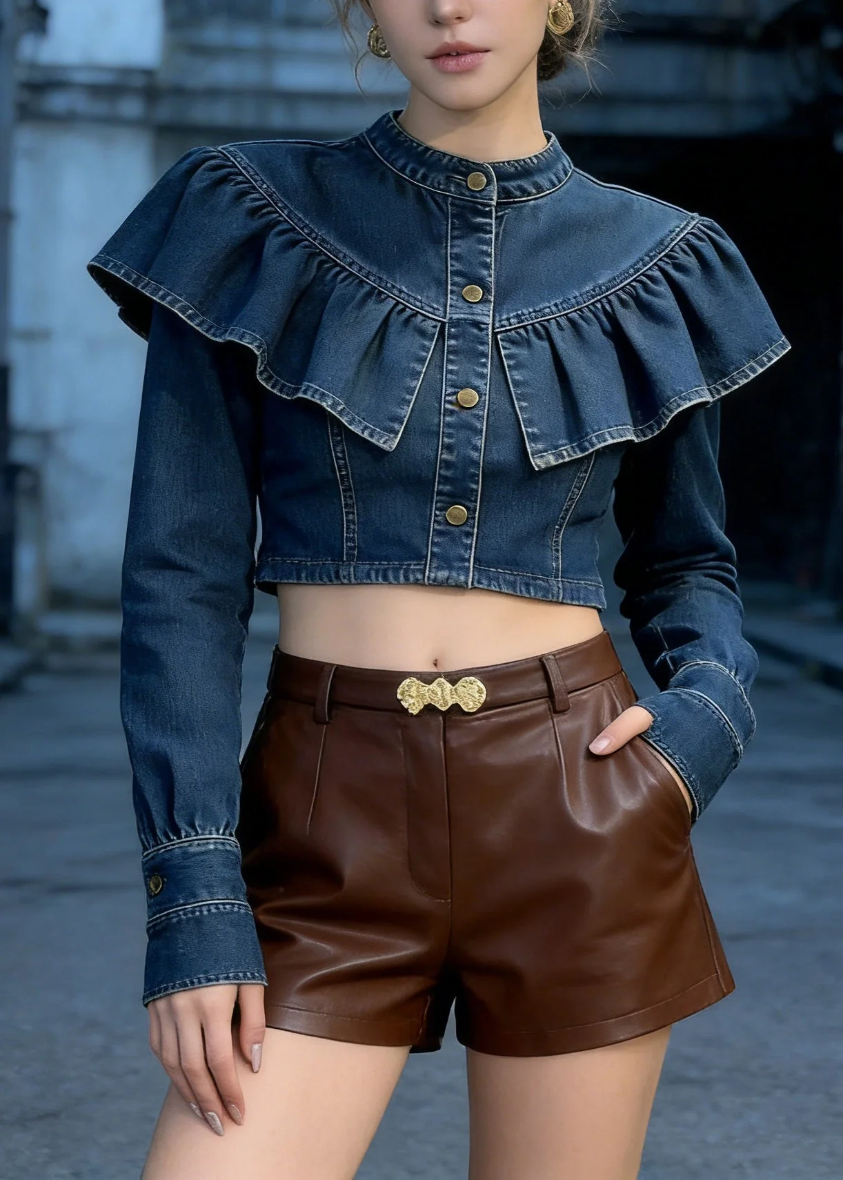 Fashion Blue Ruffled Patchwork Denim Short Top Spring - Image 5