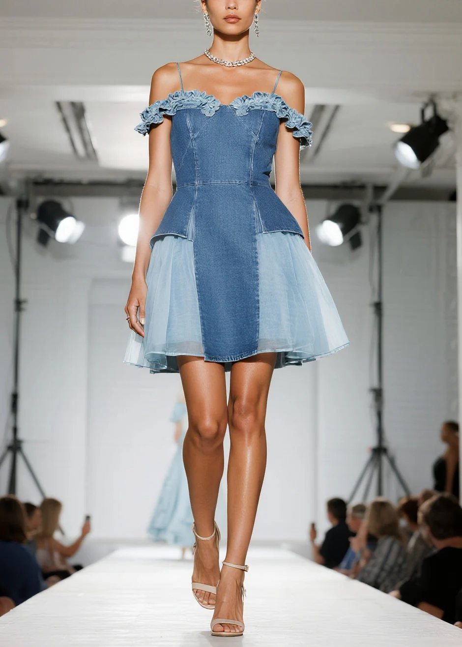 Fashion Blue Ruffled Tulle Patchwork Denim Dress Summer - Image 5