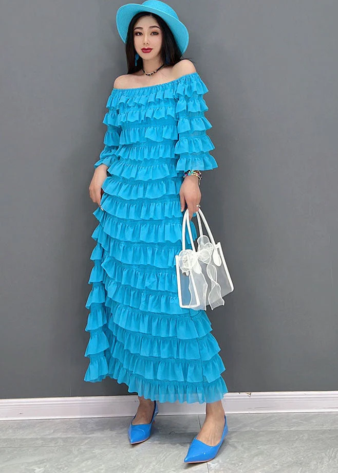 Fashion Blue Slash Neck Layered Ruffles Tulle Long Dresses Half Sleeve