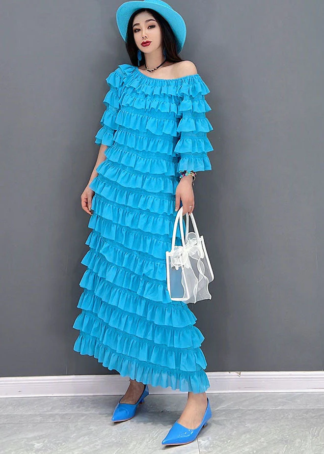 Fashion Blue Slash Neck Layered Ruffles Tulle Long Dresses Half Sleeve - Image 2