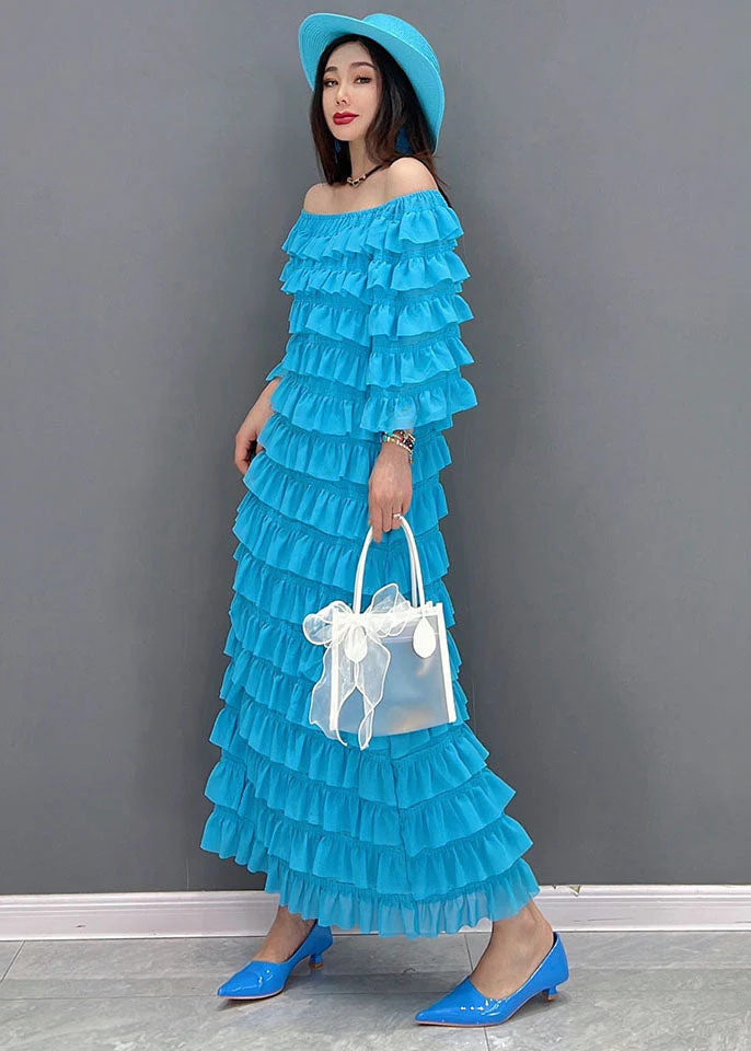 Fashion Blue Slash Neck Layered Ruffles Tulle Long Dresses Half Sleeve - Image 3