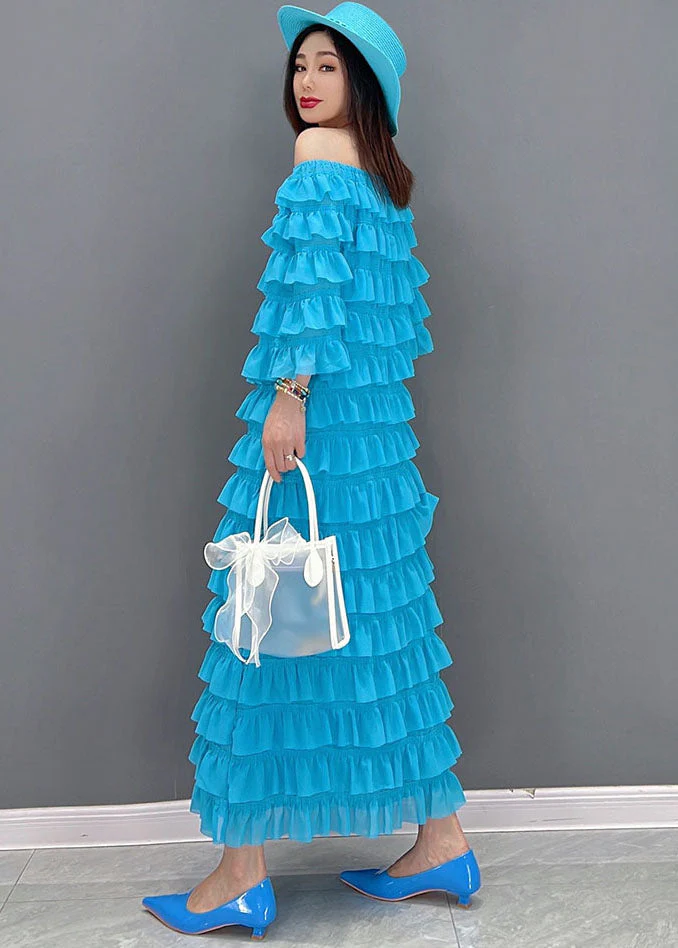Fashion Blue Slash Neck Layered Ruffles Tulle Long Dresses Half Sleeve - Image 4
