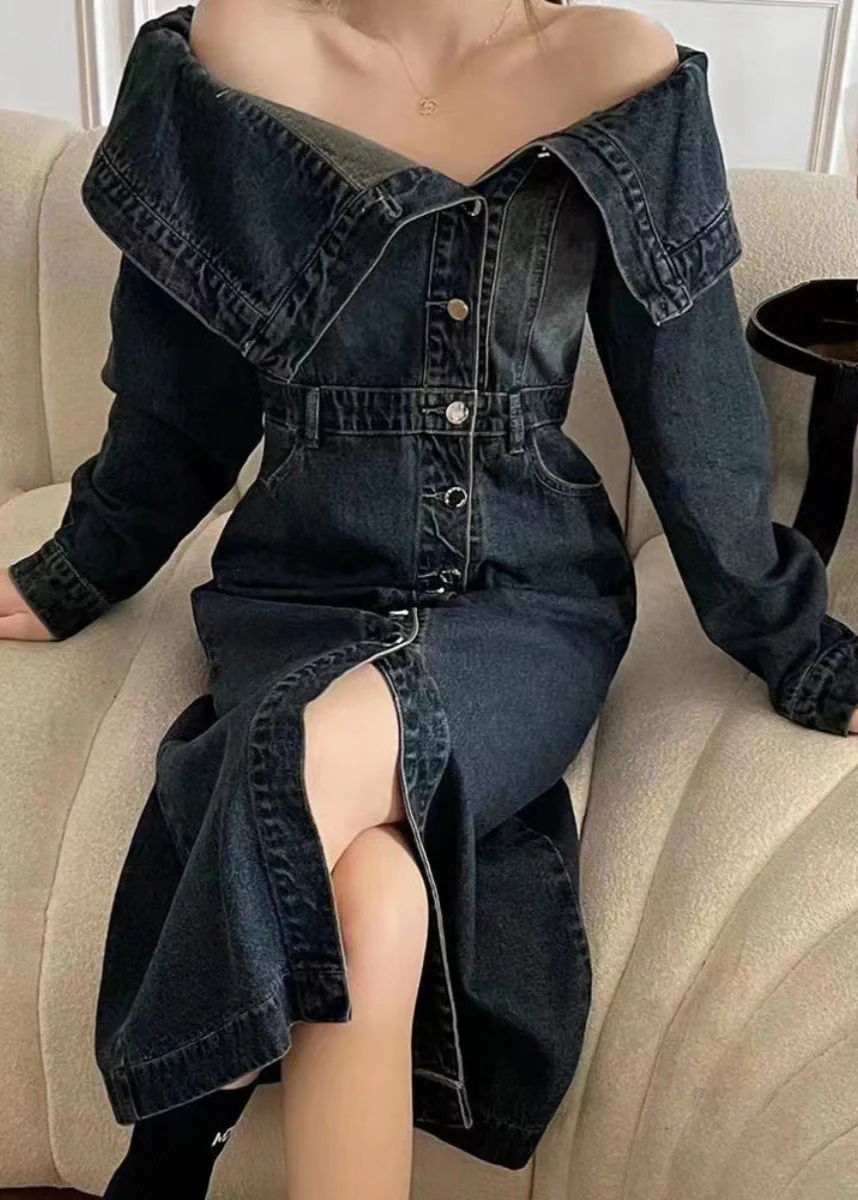 Fashion Blue Slash Neck Patchwork Side Open Denim Long Dresse Puff Sleeve - Image 3