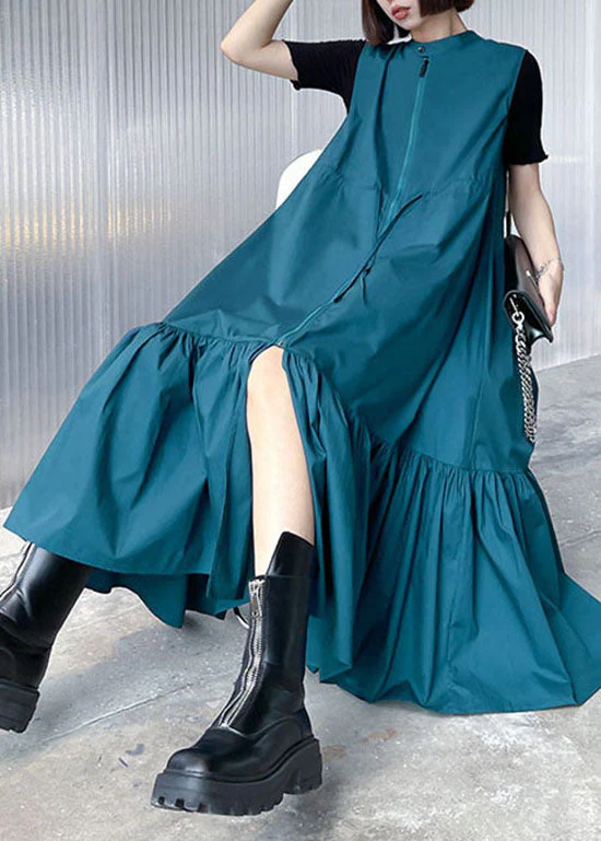 Fashion Blue Stand Collar tie waist Zip Up Mid Dress Spring - Image 2