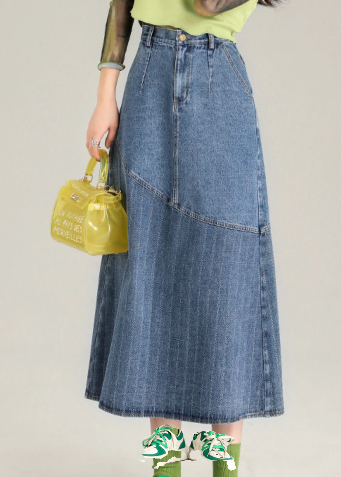 Fashion Blue Striped Patchwork Denim A Line Skirt Spring - Image 3