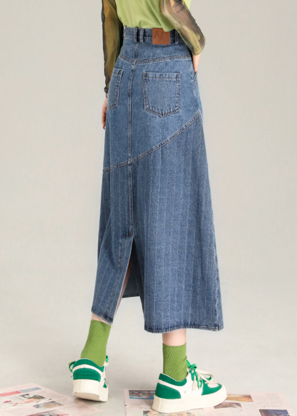 Fashion Blue Striped Patchwork Denim A Line Skirt Spring - Image 4