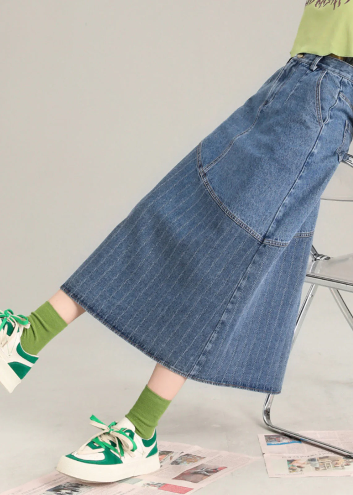 Fashion Blue Striped Patchwork Denim A Line Skirt Spring - Image 5