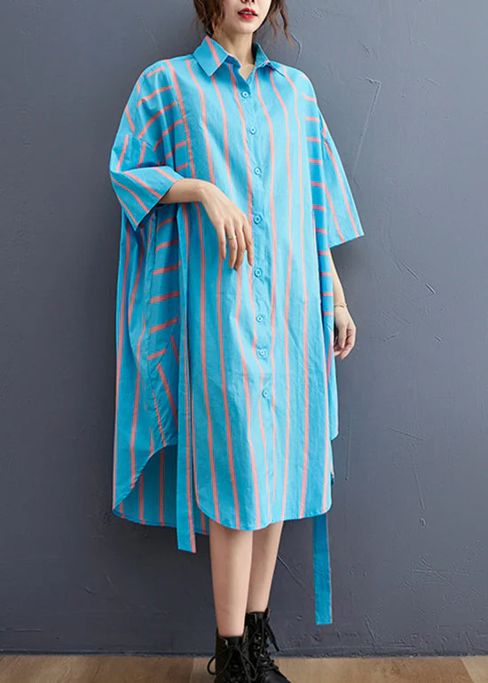 Fashion Blue Striped Peter Pan Collar Button tie waist Shirt Dress Half Sleeve - Image 2