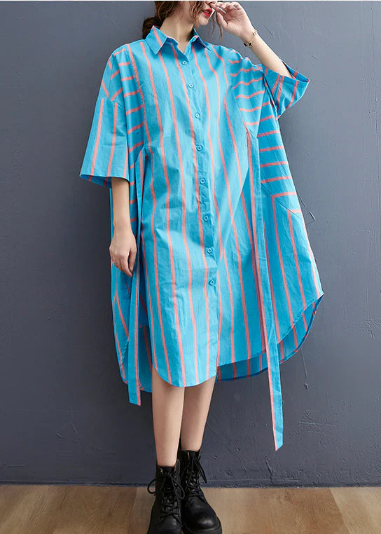 Fashion Blue Striped Peter Pan Collar Button tie waist Shirt Dress Half Sleeve - Image 3